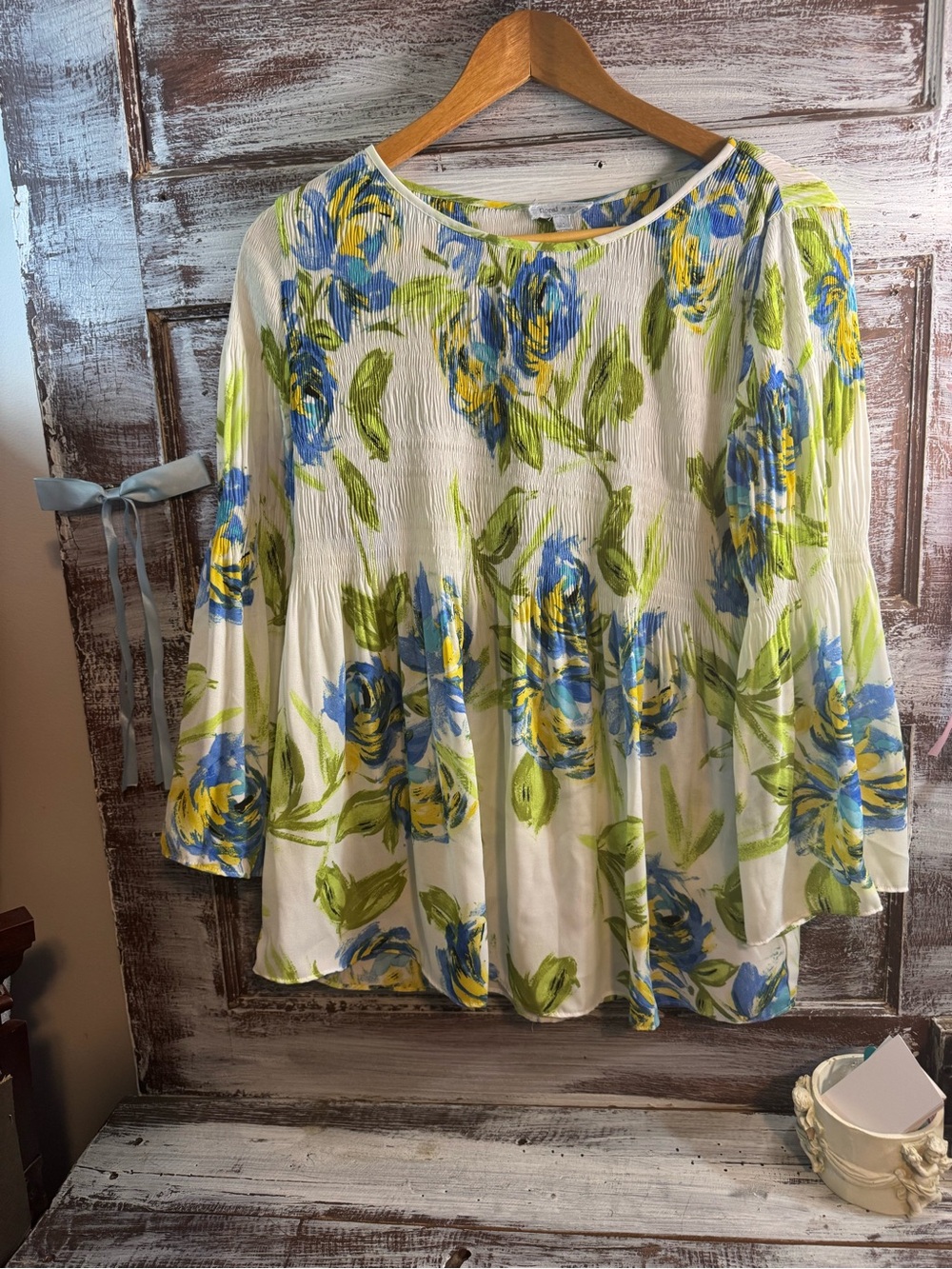 White Floral Peasant Blouse with Blue & Green Blooms